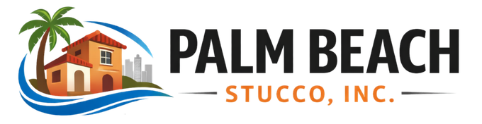 Palm Beach Stucco, Inc. logo with a house, palm tree, and blue wave graphic
