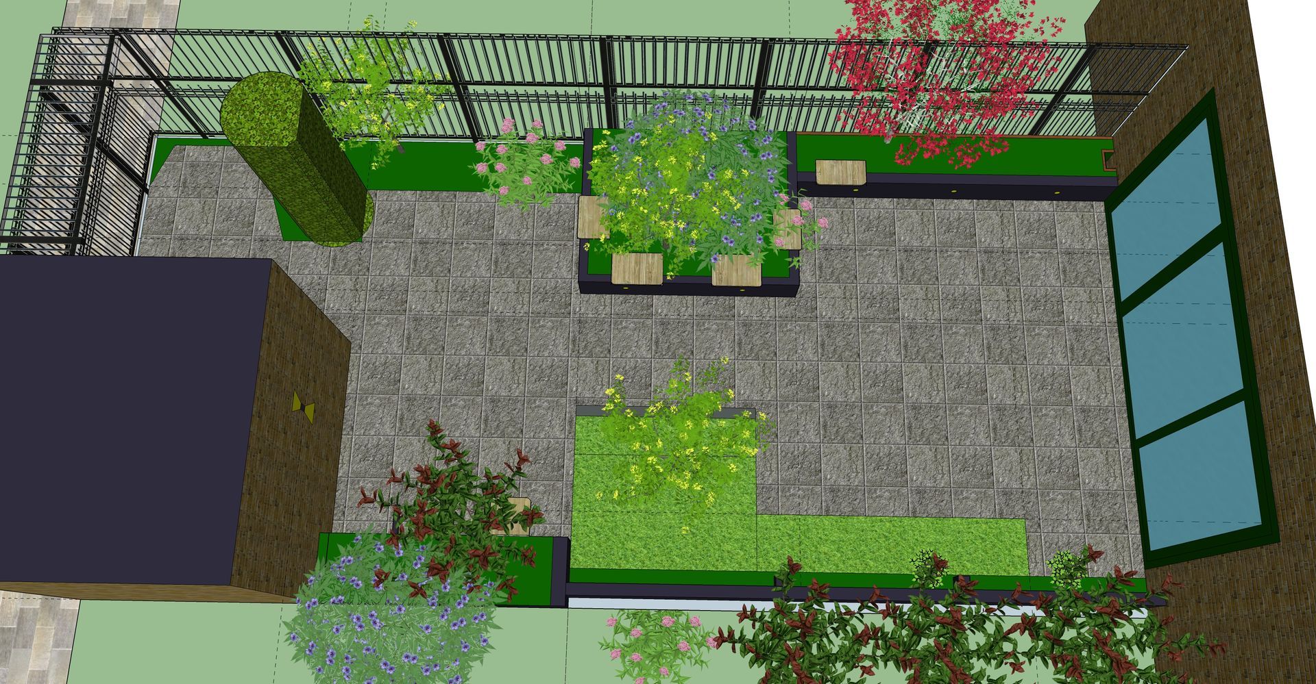 Bovenaanzicht van een patio met stenen vloer en diverse planten van verschillende hoogtes en kleuren.