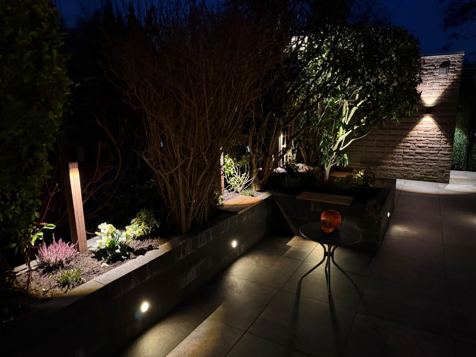 's Nachts verlicht door schijnwerpers, die de planten, een donkere haag en een bakstenen muur accentueren.