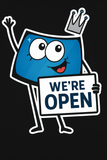 We’re Open – Integrity Auto Glass Tarpon Springs Integrity Auto Glass mascot holding a “We’re Open” sign – cartoon windshield character with crown, smile, and friendly design.
