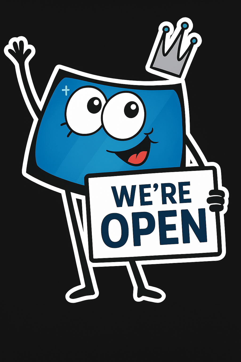 Integrity Auto Glass mascot holding a “We’re Open” sign – cartoon windshield character with crown, smile, and friendly design.