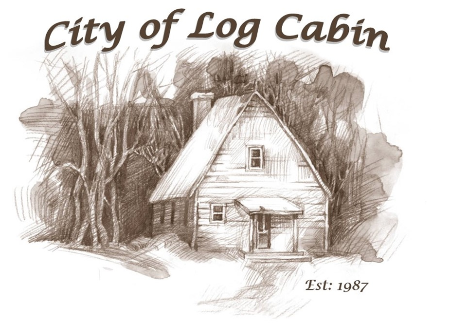 A drawing of a log cabin with the words city of log cabin