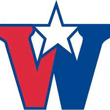 A red and blue letter w with a white star on it.