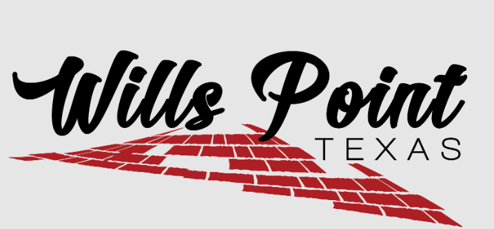 A logo for wills point texas with a red brick arrow