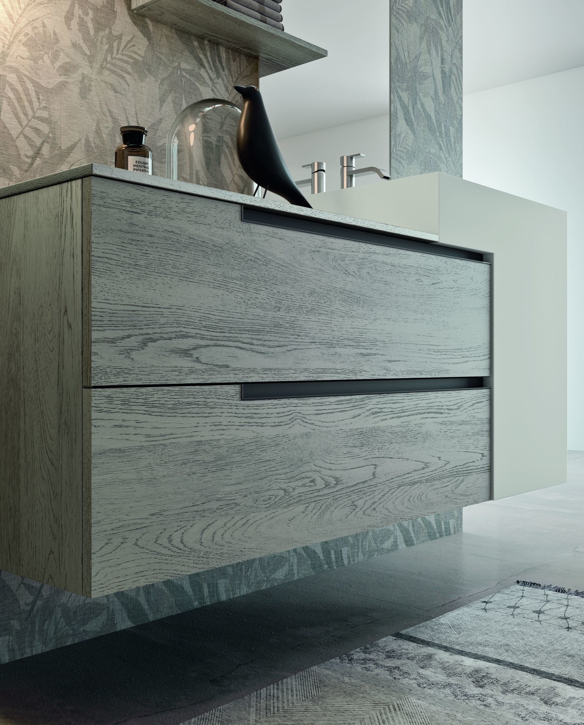 particolare maniglia gola affiancato lavabo in metallo.