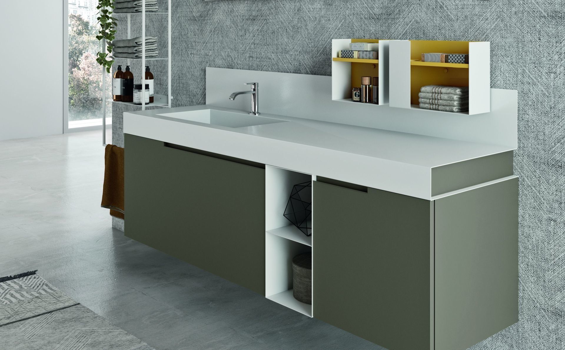 lavabo e accessori in metallo bianco con carta da parati in fibra di vetro.