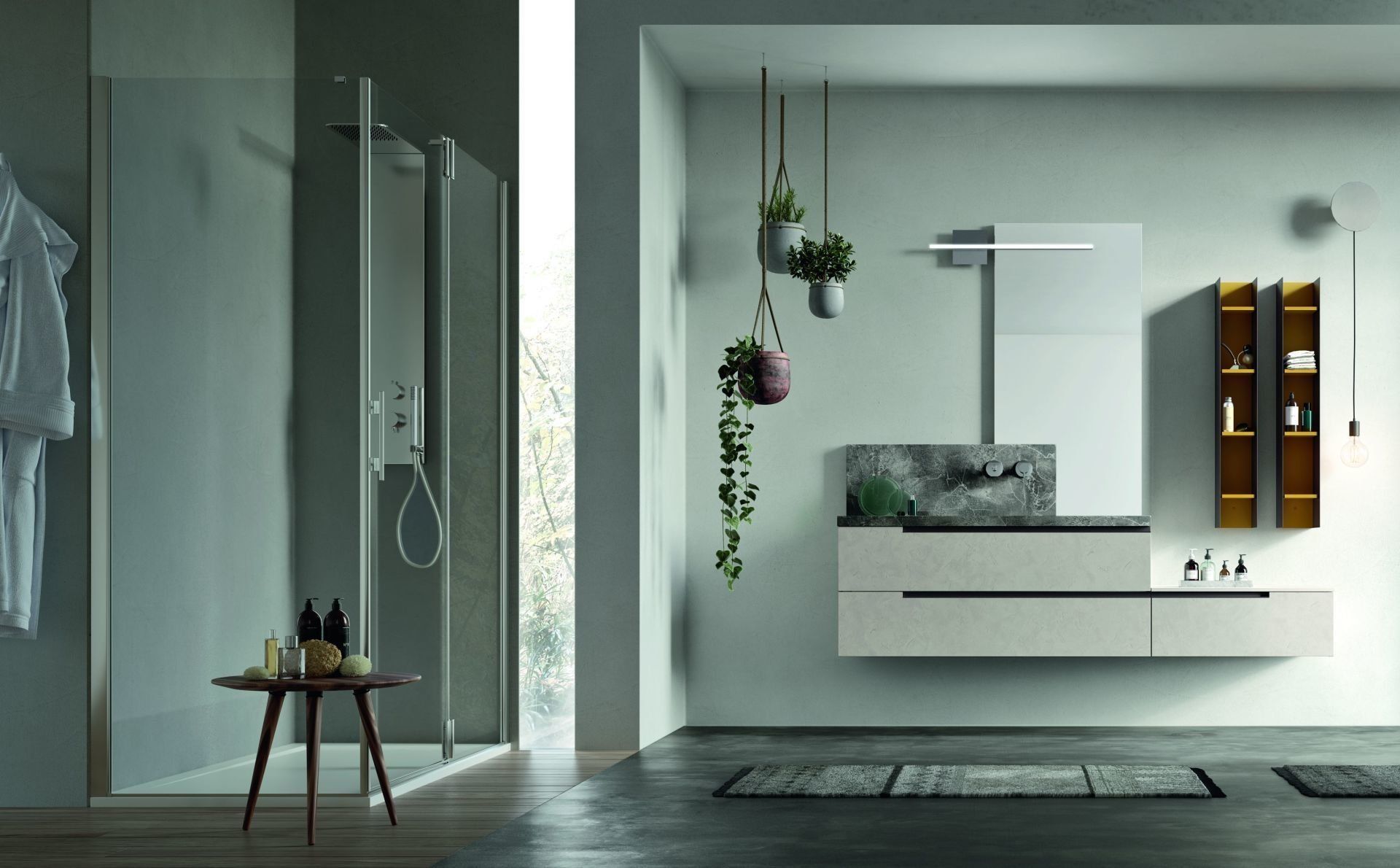 lavabo integrato in hpl con alzata porta rubinetto a parete.