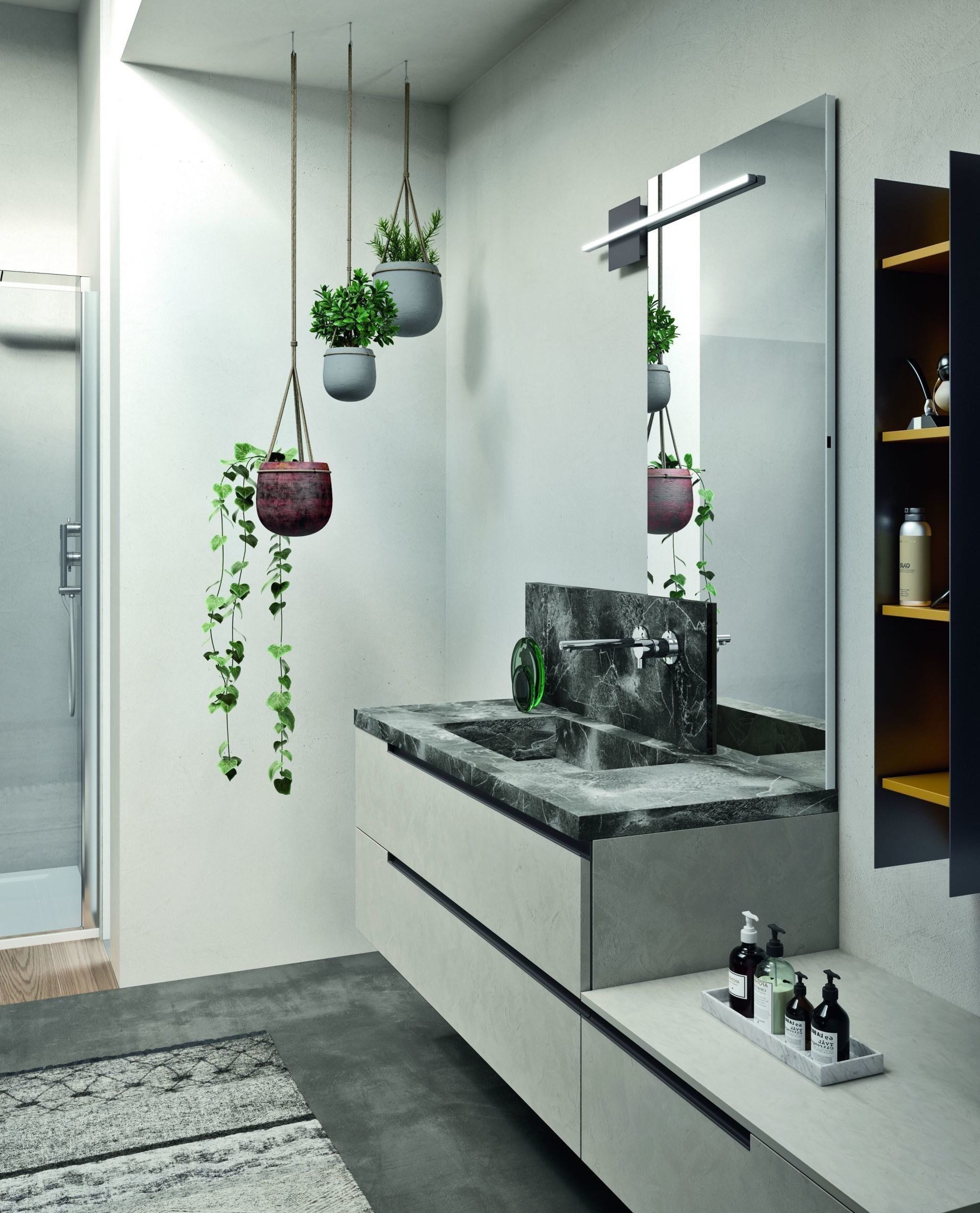 il lavabo in hpl riproduce le venature del marmo.