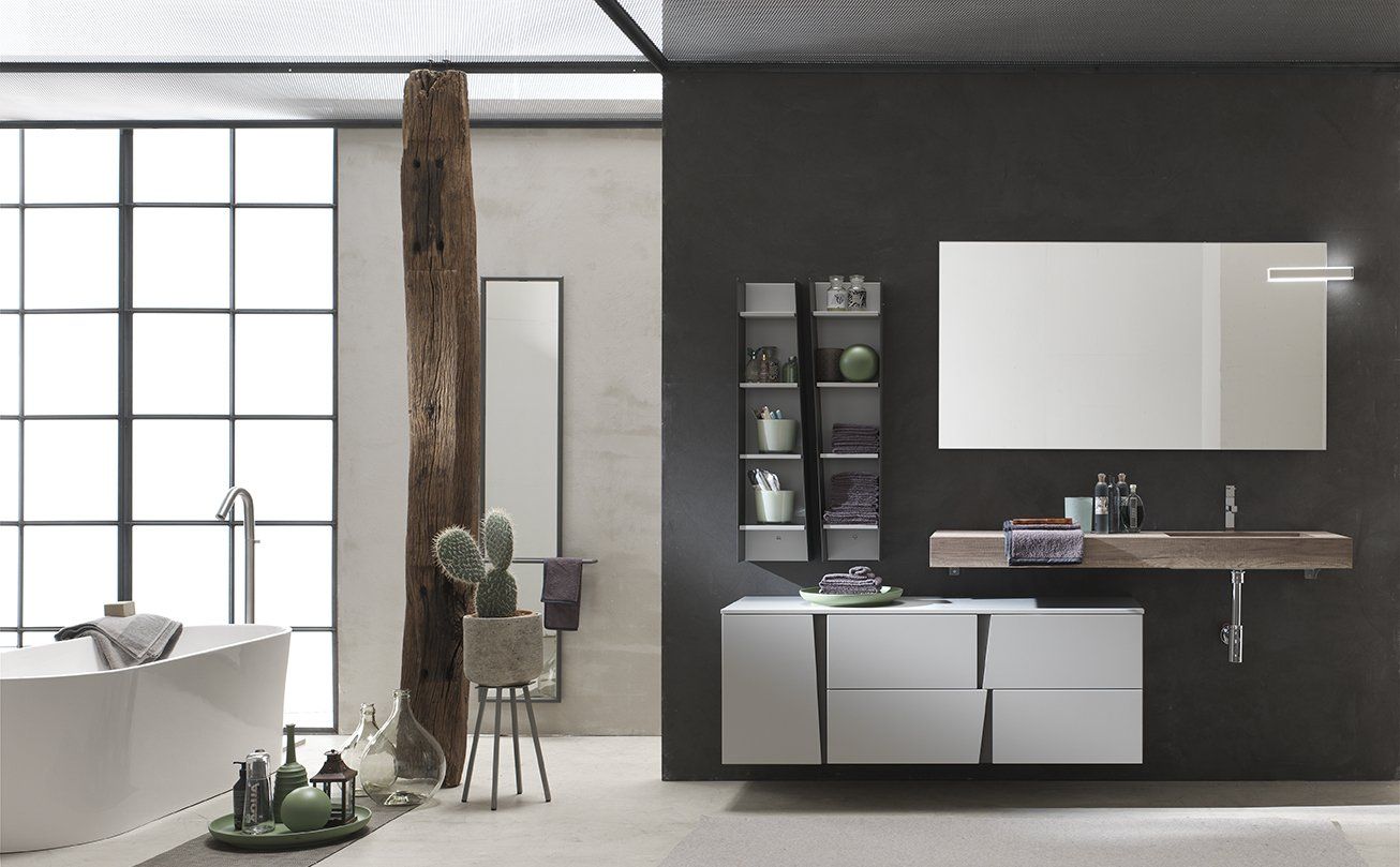 lavabo integrato in HPL maniglia gola verticale in metallo piombo