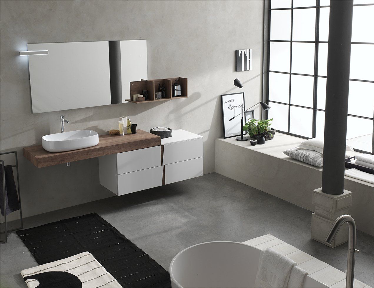 ambientazione bagno mix rovere e laccato bianco