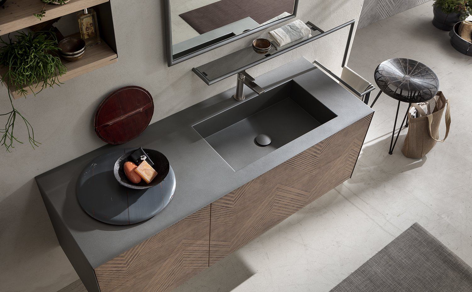 lavabo integrato in metallo con frontali in rovere