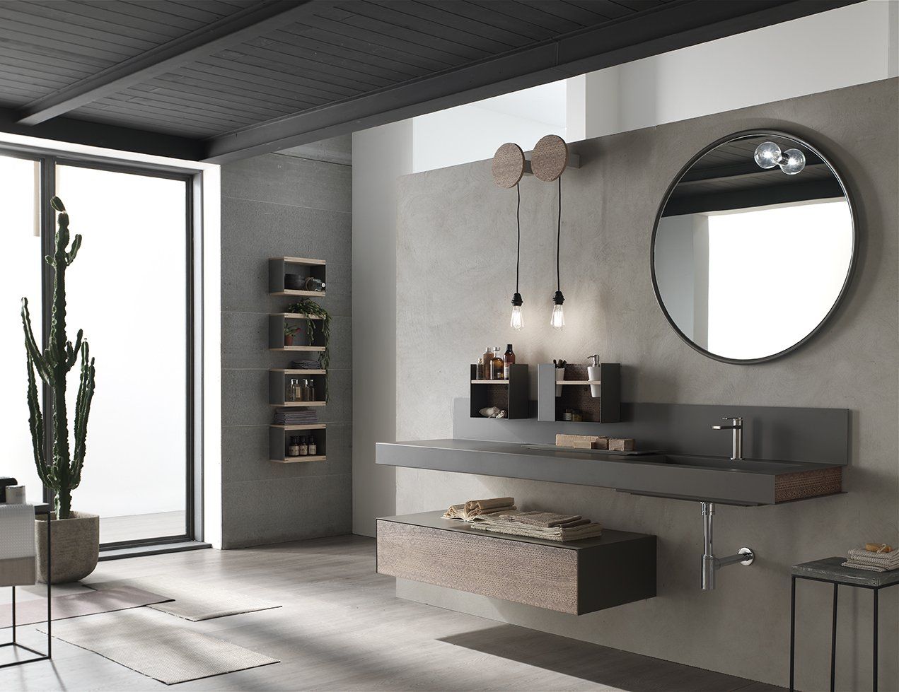 lavabo integrato in metallo con particolari legno sui fianchi