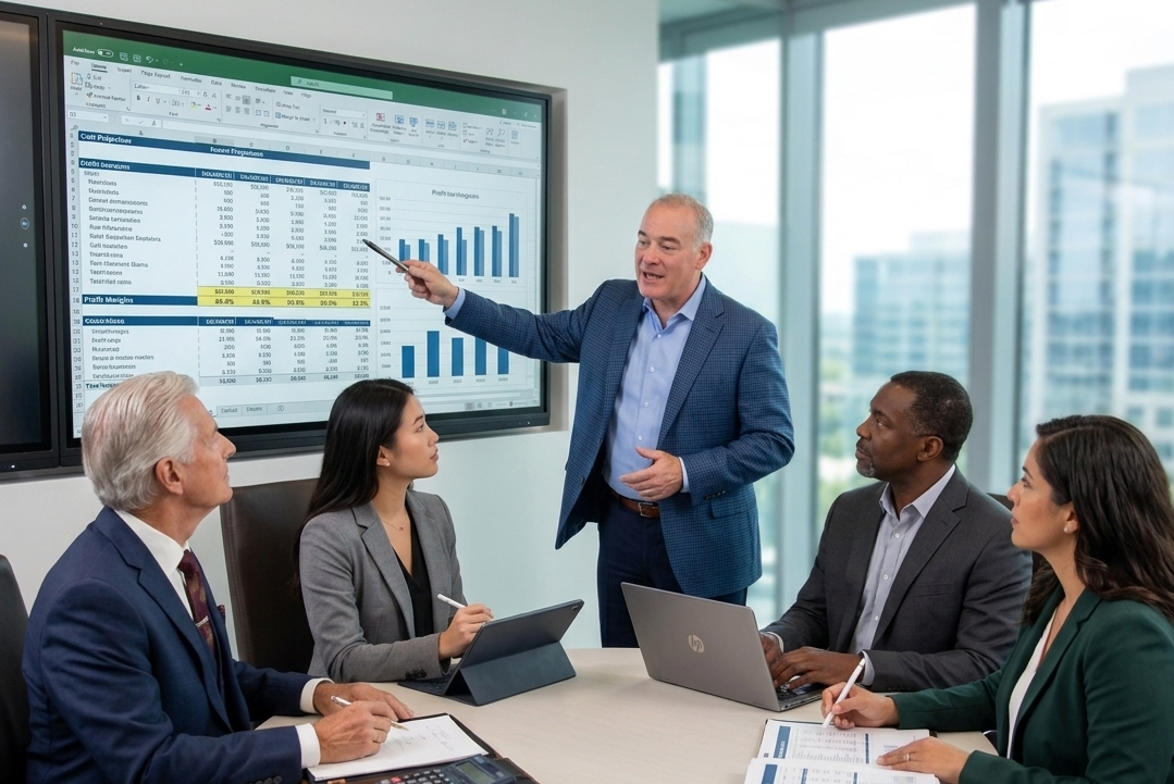 A person wearing a headset and white shirt sitting in an office, cheering with their fist raised while using a laptop.