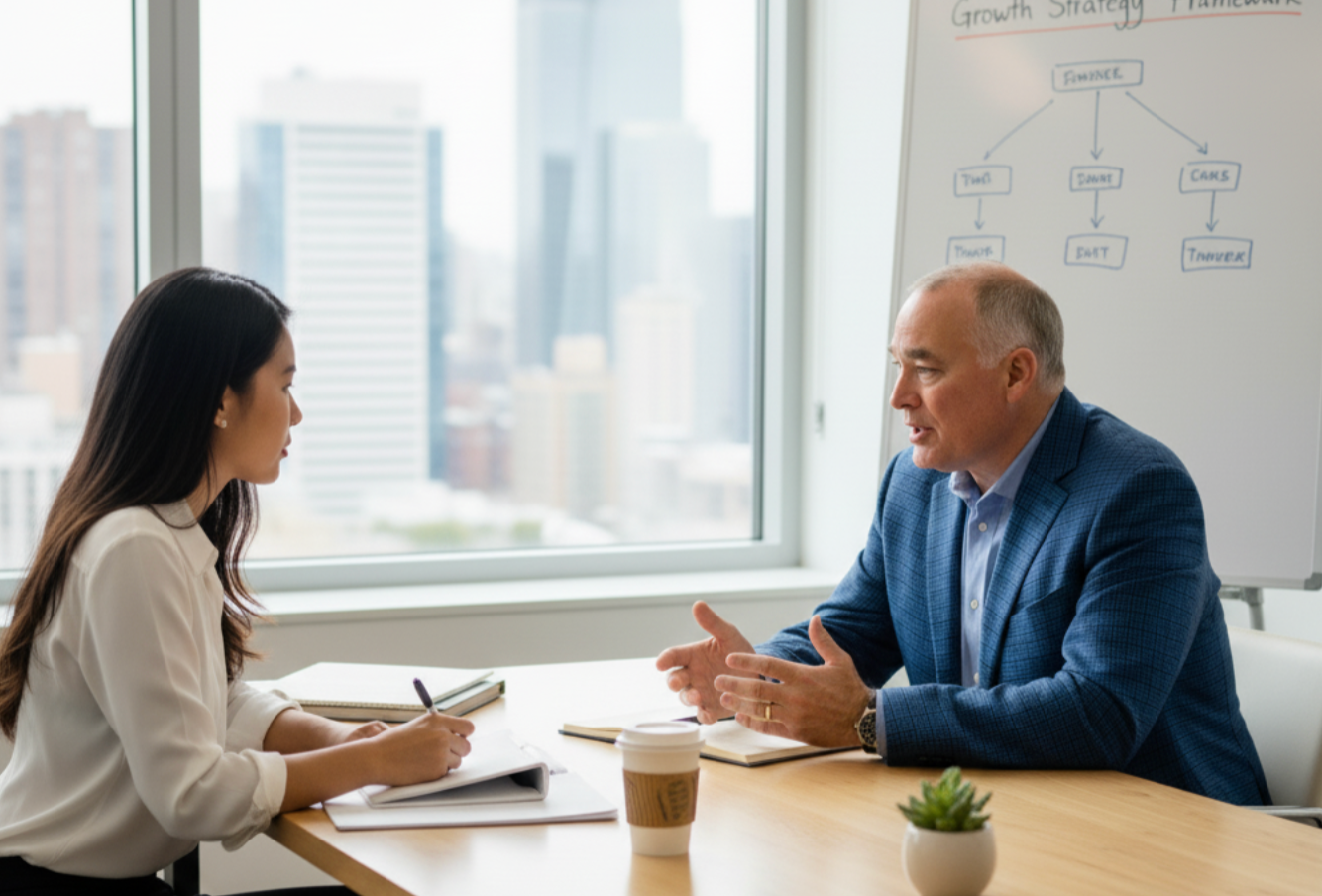 Two people sitting at a table in a bright office by a window, discussing business strategy in front of a whiteboard.