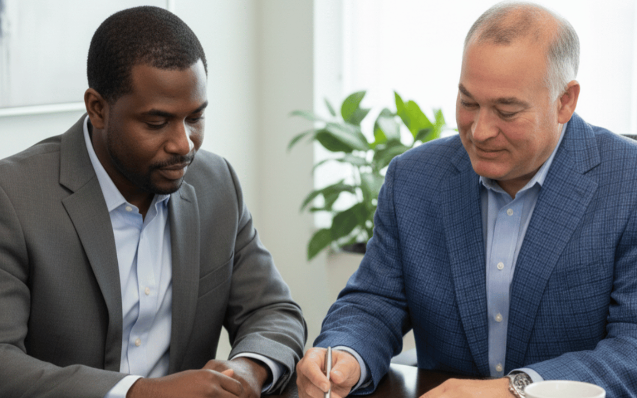 Two professional colleagues in suits sitting at a table together, reviewing a document in a bright, modern office space.