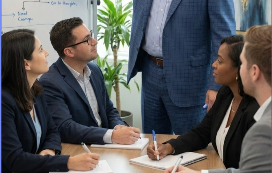 A group of professionals in business attire sitting at a table during a meeting, with one person standing nearby.
