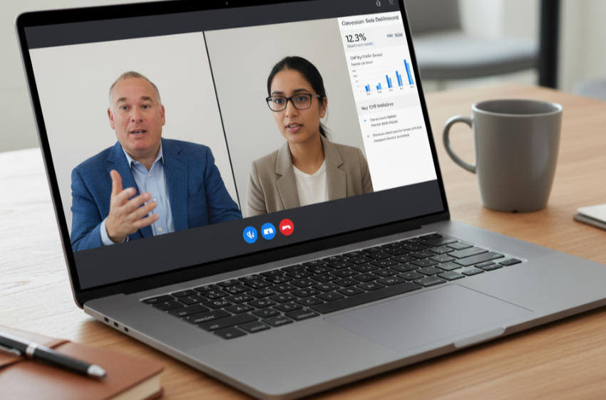 A laptop on a desk showing a video conference call between two people, with data charts visible on the screen.