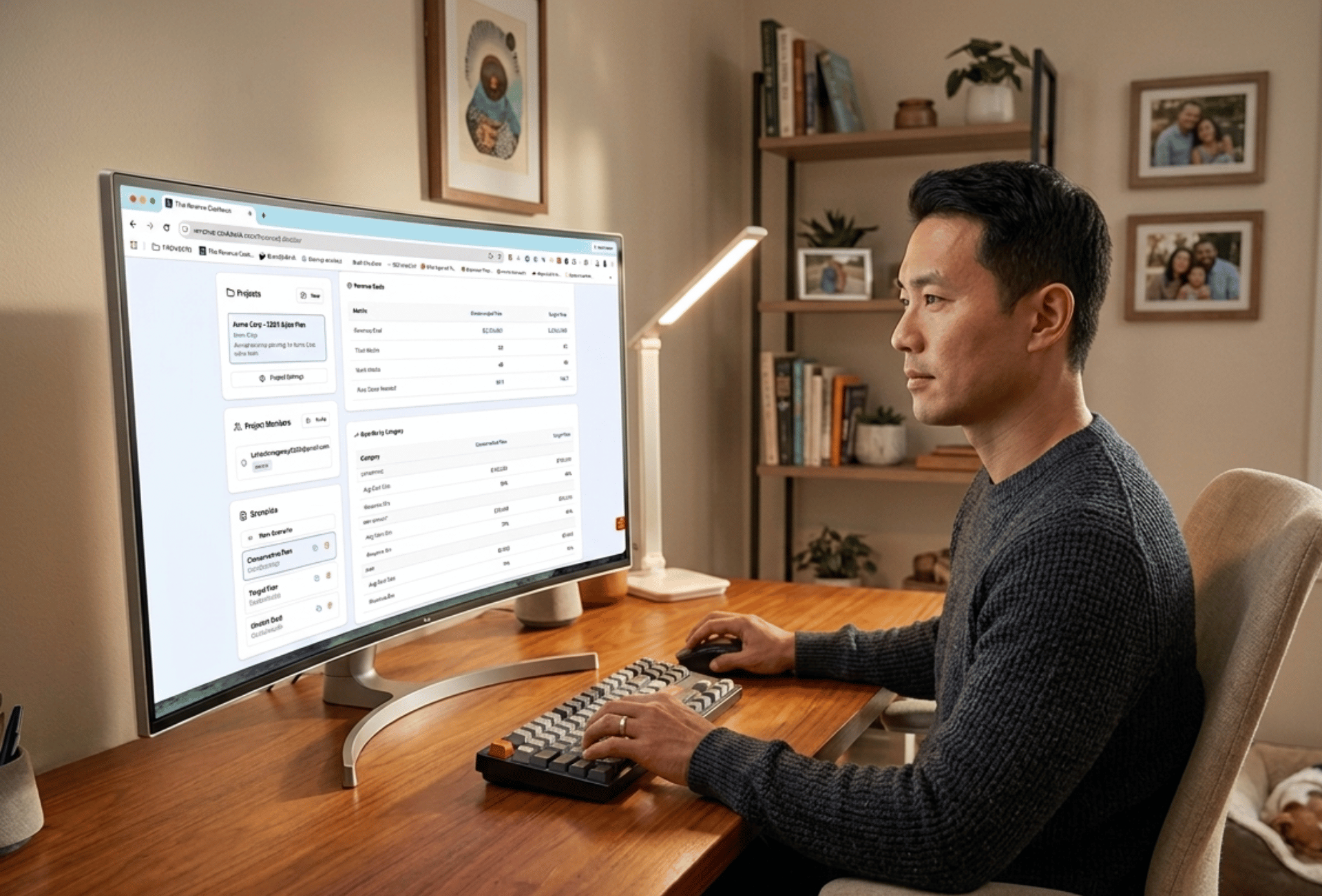 A person sits at a wooden desk in a home office, working on a large curved computer monitor.