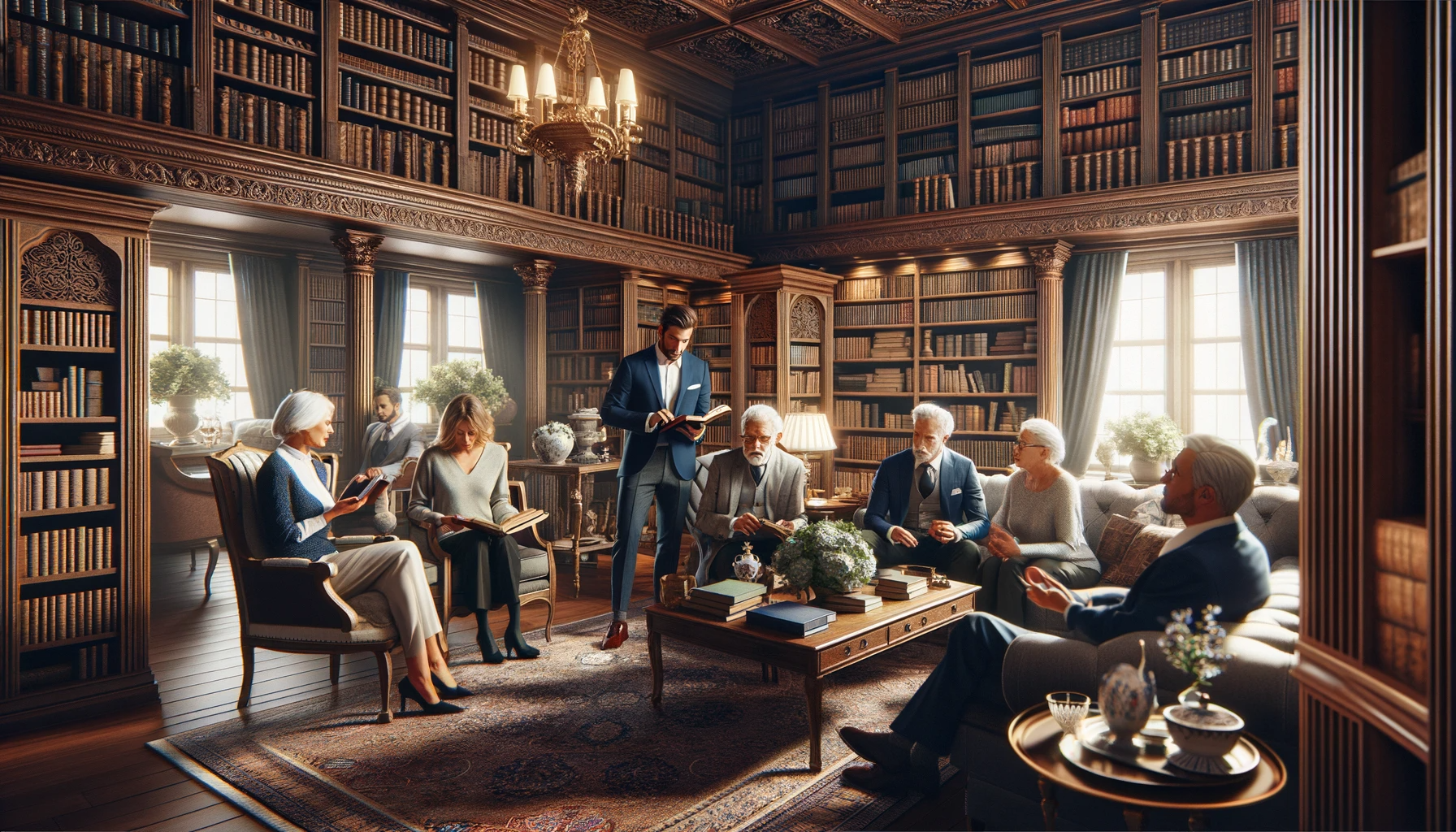 a group of people are sitting around a table in a library a group of people are sitting around a table in a library