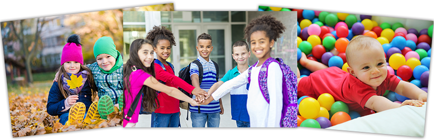 Children in various activities: playing in leaves, stacking hands, and in a ball pit.