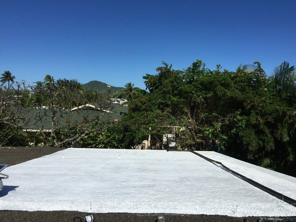 A white roof with trees in the background and a blue sky.