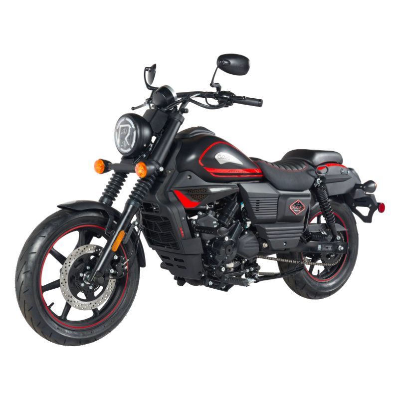 Una motocicletta nera e rossa su sfondo bianco.