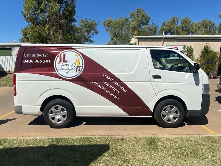 White Van With JL Carpet & Upholstery Signs — Digital Printing in Mount Isa, QLD