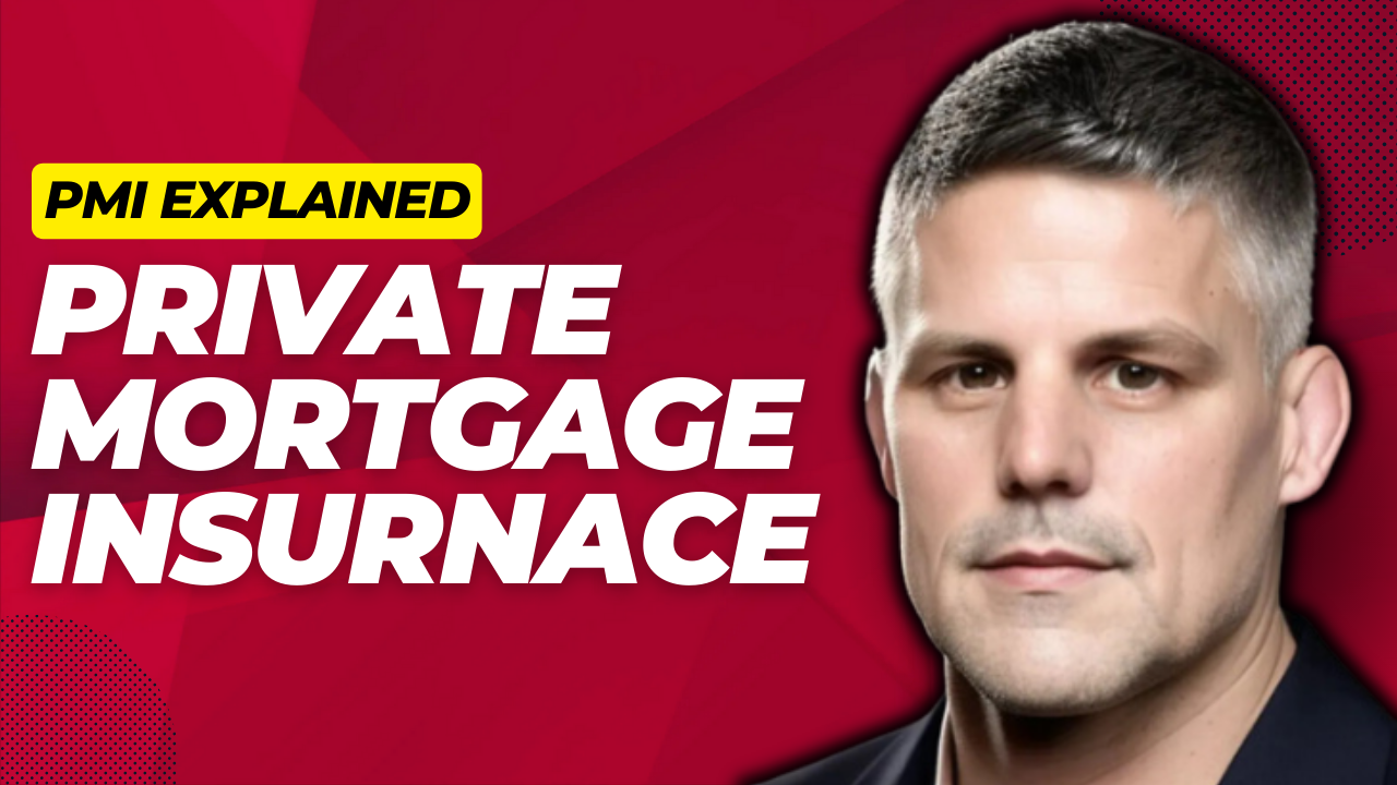 rob mckenney is standing in front of a red background that says private mortgage insurance