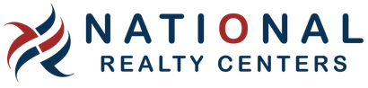 The logo for national realty centers is red , white and blue.