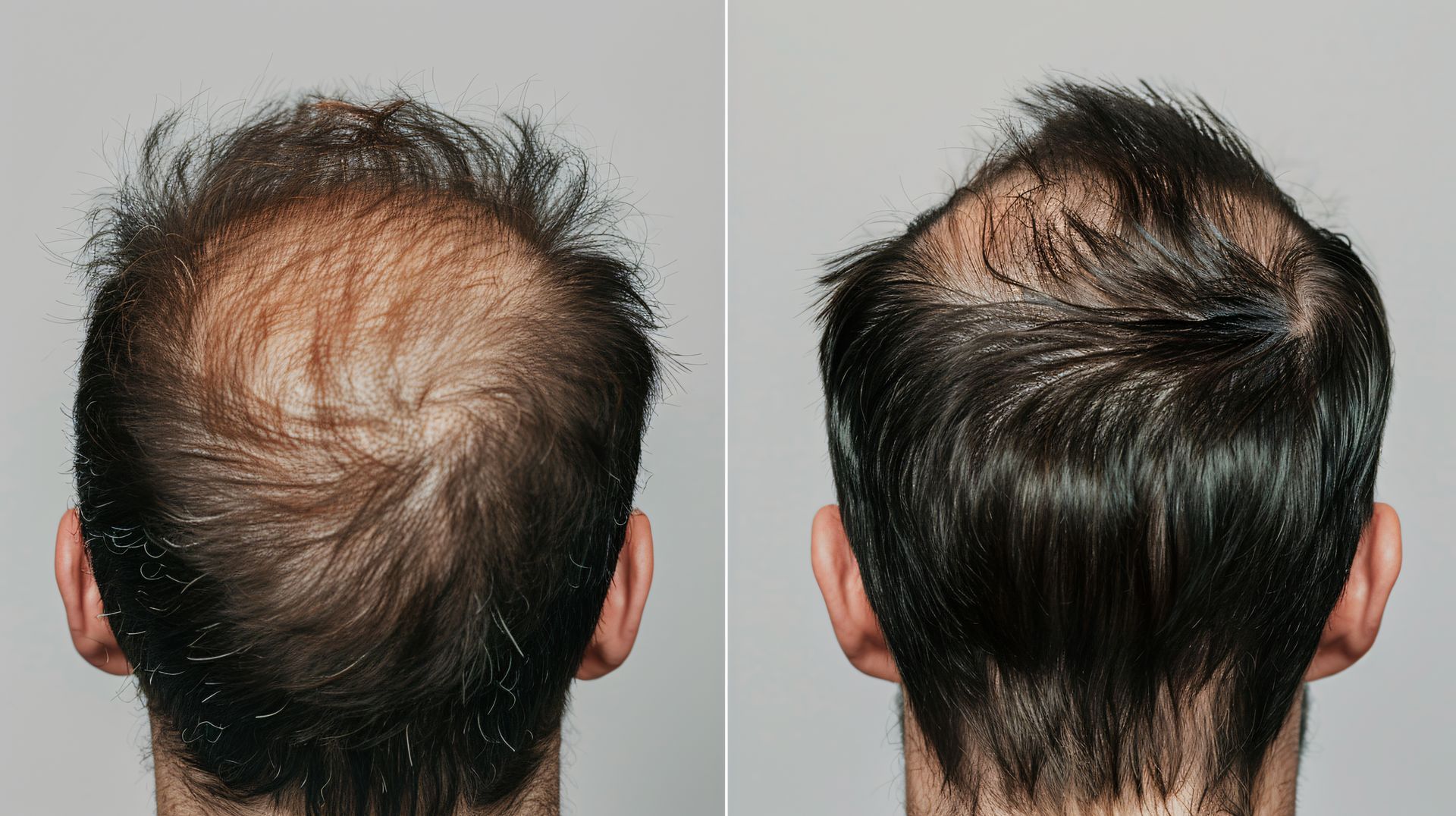 A before and after photo of a man 's hair.