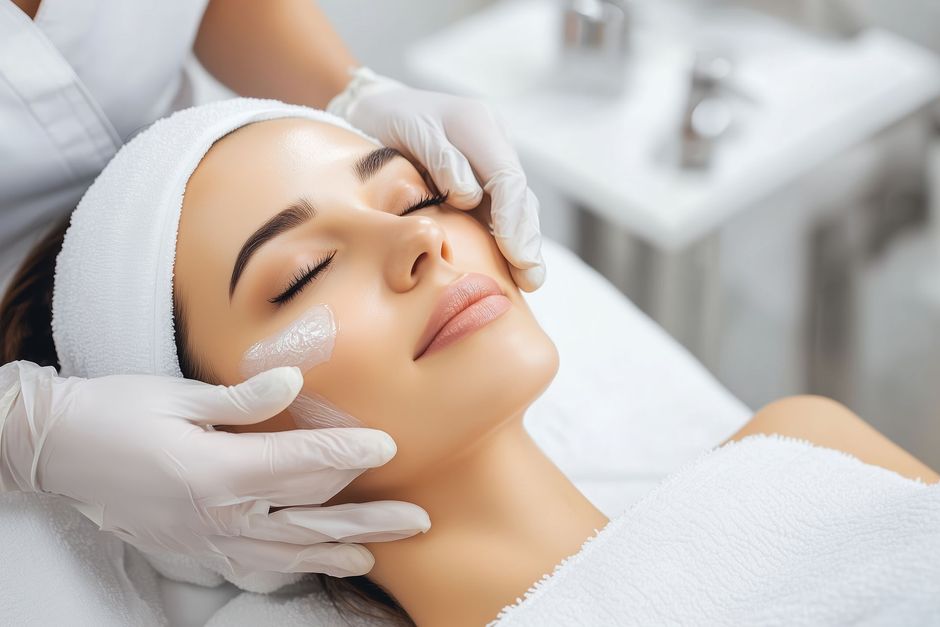 A woman is getting a facial treatment at a spa.