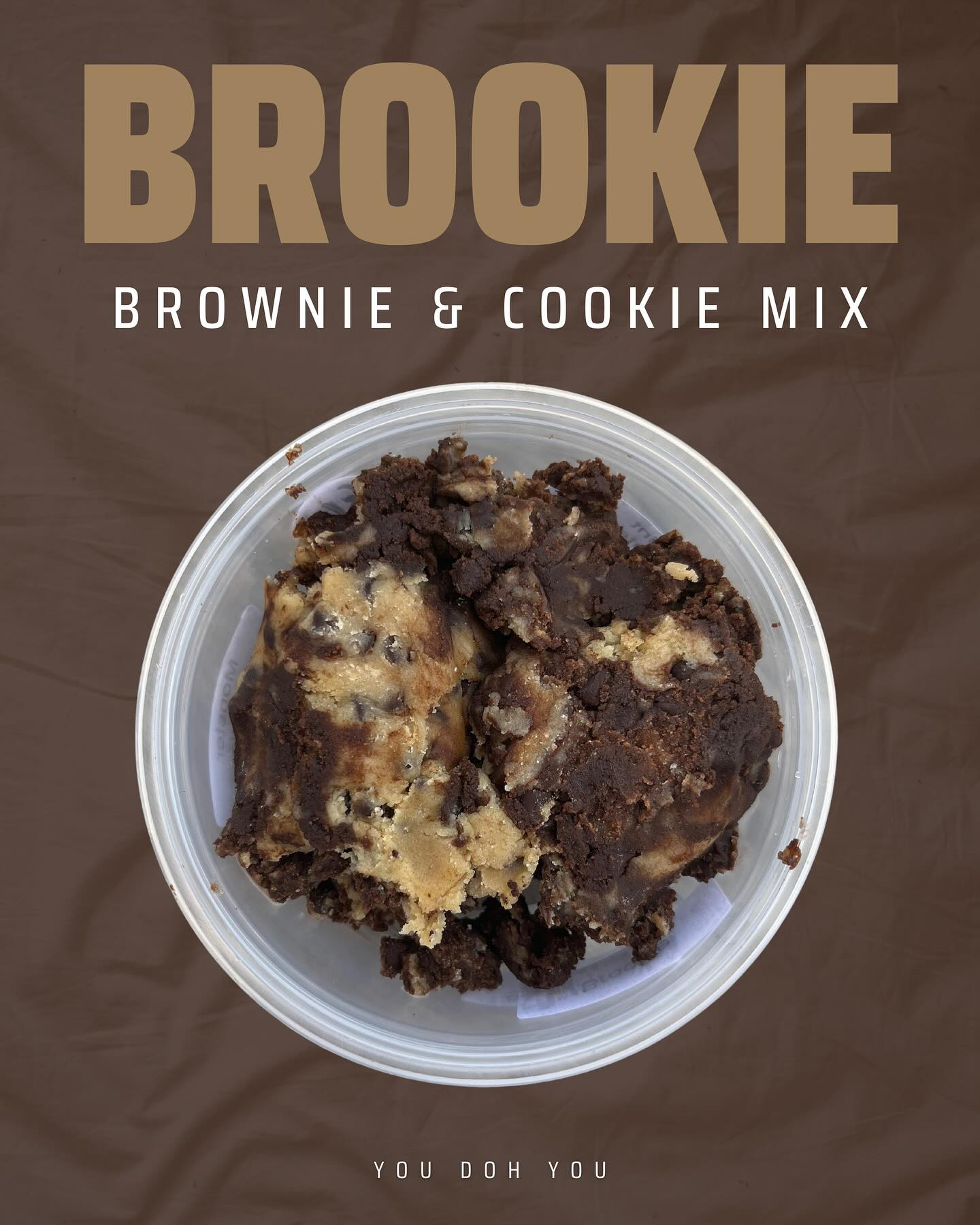 A brownie and cookie mix in a plastic container