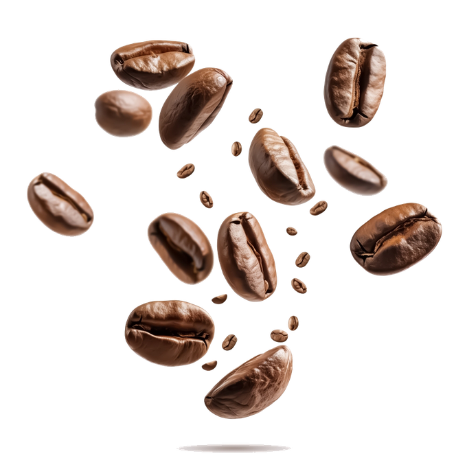 Coffee beans are falling in the air on a white background.