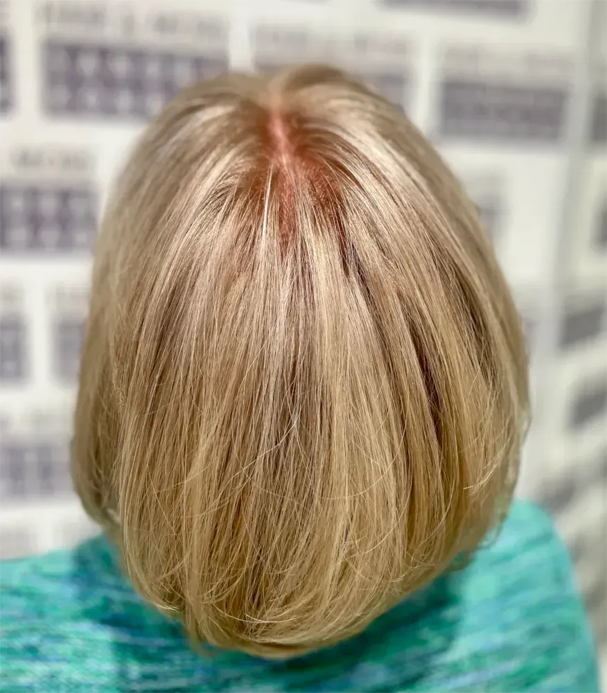 Blonder Bob-Haarschnitt, Ansatz sichtbar. Person mit türkisfarbenem Oberteil vor gemustertem Hintergrund.