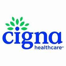 Cigna healthcare logo: blue text and green leaf design on a white background.