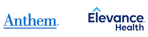 Logos for Anthem and Elevance Health. Anthem is a blue word with an underline, Elevance Health with a blue house icon.