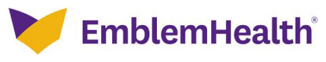 EmblemHealth logo: Purple and gold abstract shape, purple text on white background.