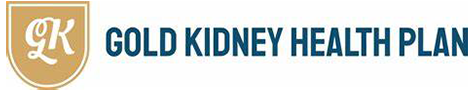 Logo for Gold Kidney Health Plan. Shield shape, gold with blue text.
