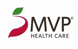 MVP Health Care logo: Red and green stylized fruit shape next to dark brown 