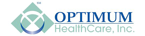 Optimum HealthCare, Inc. logo with a turquoise diamond, blue curved element, and dark blue text.