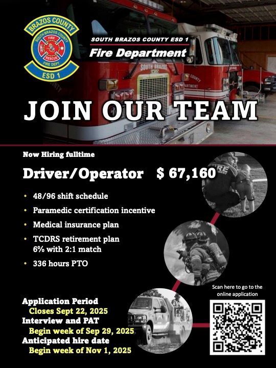 Fire department recruitment ad. Driver/Operator position offered. Includes salary, benefits, and application details.