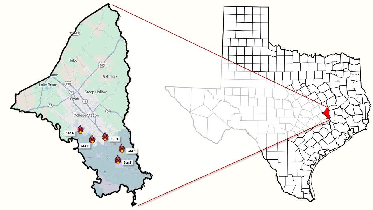 A map showing the coverage area for Brazos County ESD 1