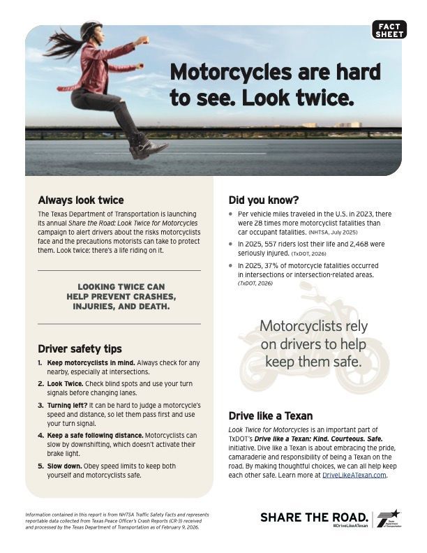Motorcycle safety poster with a rider and headline “Motorcycles are hard to see. Look twice.”
