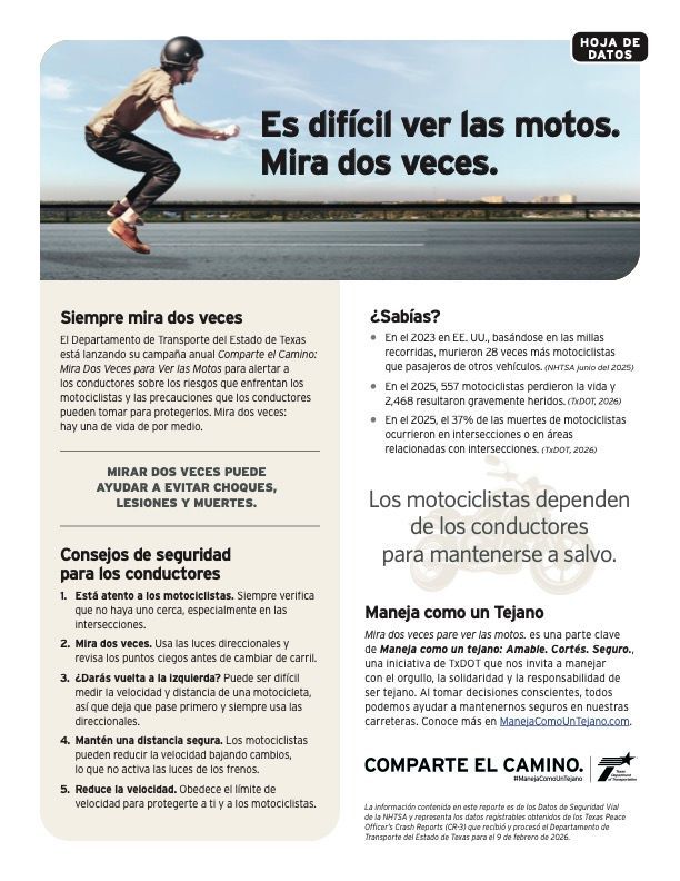 Motorcyclist on road with Spanish safety text: “Es difícil ver las motos. Mirá dos veces.”