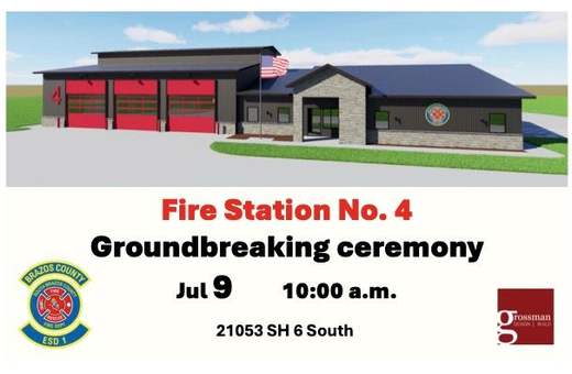 Fire Station No. 4 groundbreaking ceremony poster with station rendering, July 9 at 10:00 a.m.