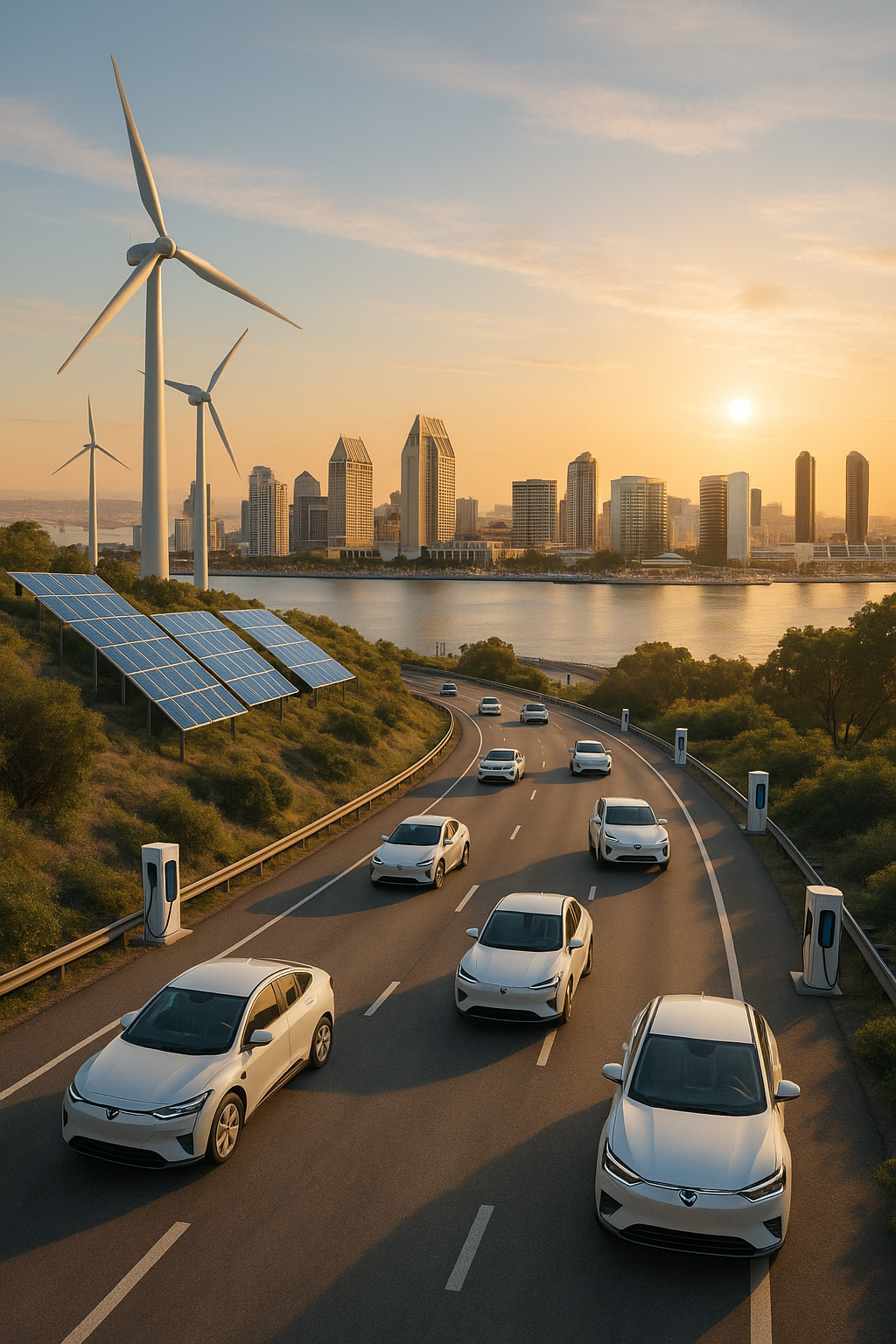 A row of electric cars are driving down a highway with a city in the background.