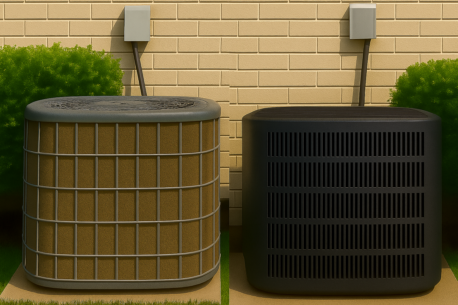 Two air conditioners are sitting next to each other on the side of a brick building.