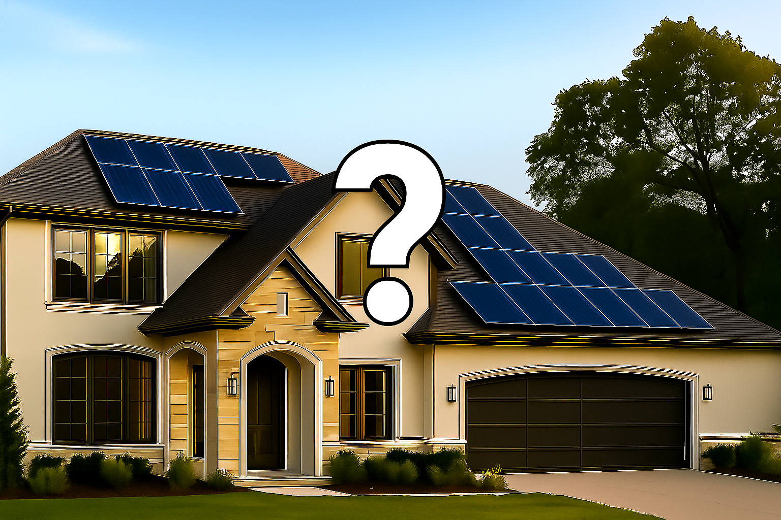 A house with solar panels on the roof and a question mark.