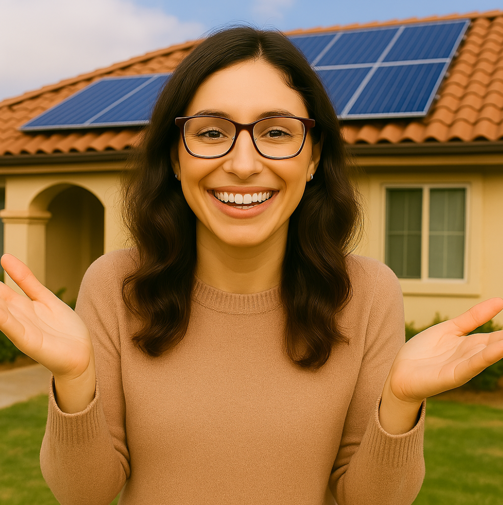 A woman wearing glasses is smiling and confident in front of a house with an orphaned solar system on the roof