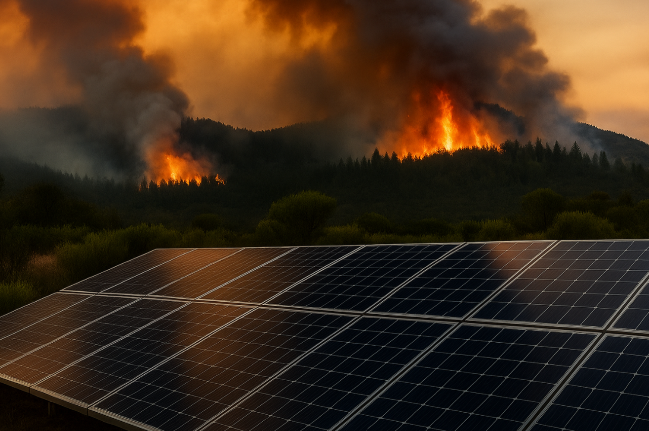 Solar panels on a roof with a fire in the background